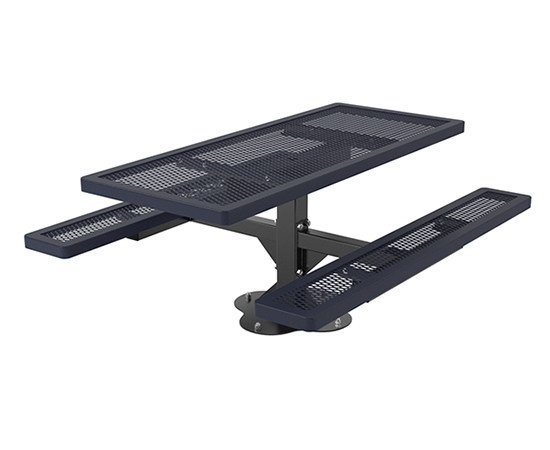 Rectangular expanded metal pedestal picnic table with center surface mount base for commercial outdoor dining and park seating